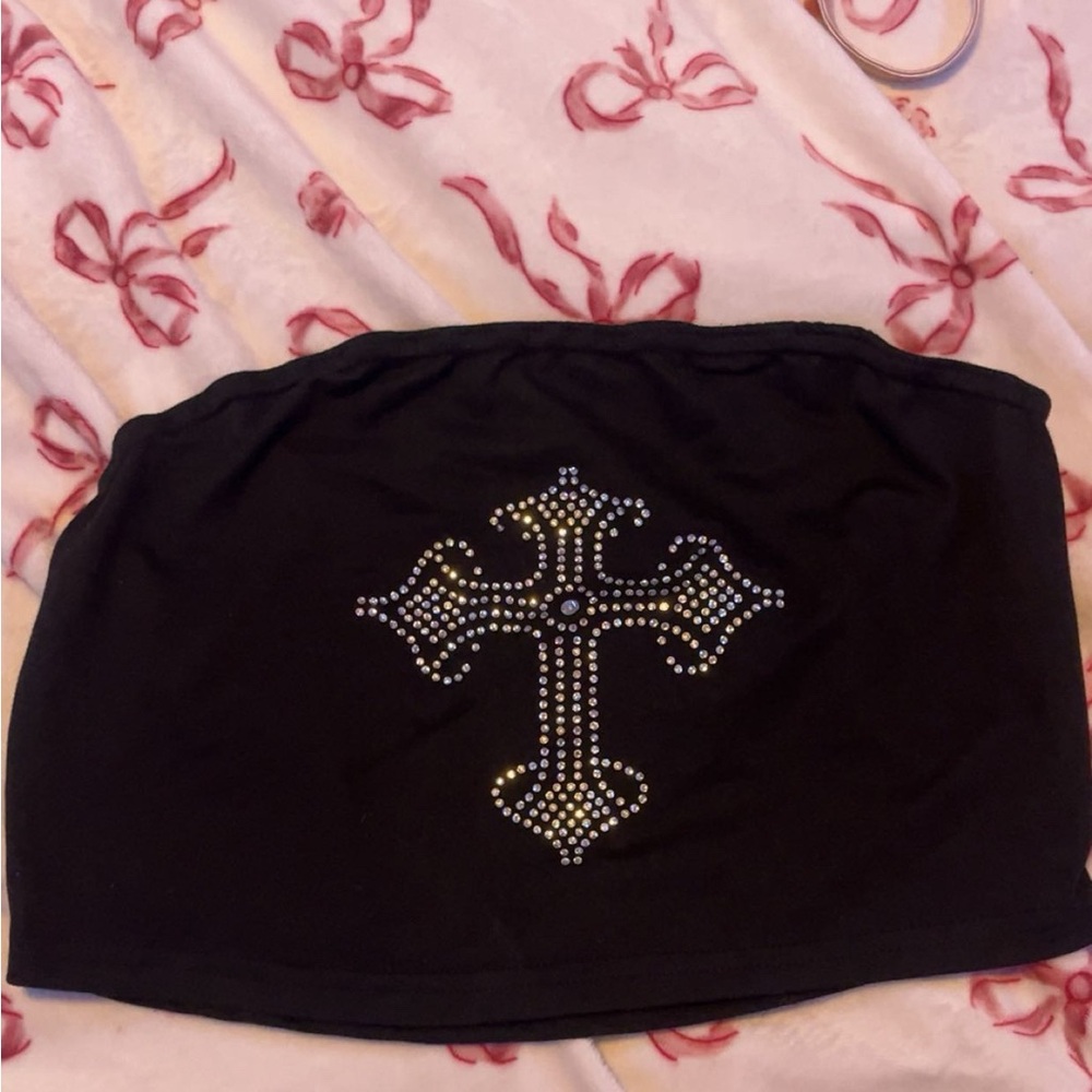 SHEIN Black Crop Top with Rhinestone Cross